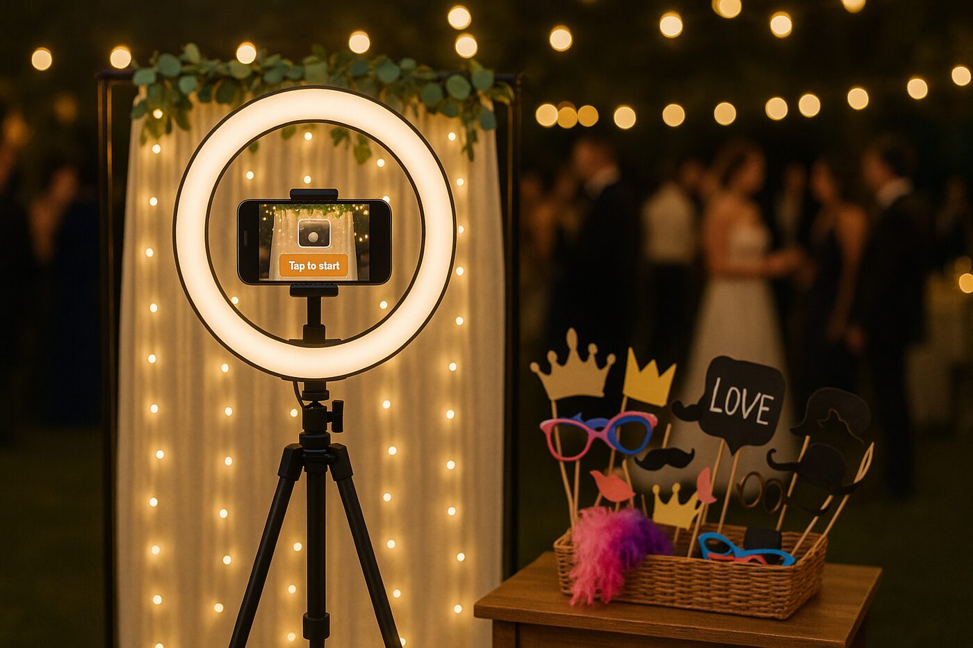 A photo booth station: ring light on a tripod with a phone mounted in the middle, propped beside a small basket of props and a string-light backdrop, at a wedding reception.