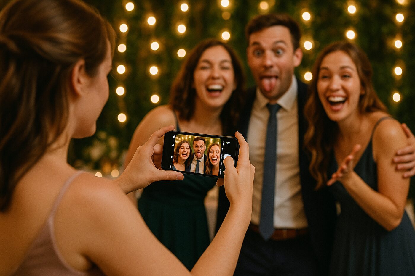 A guest holding out her phone to capture three friends in formal wedding attire posing for her. The phone screen shows the framed shot.